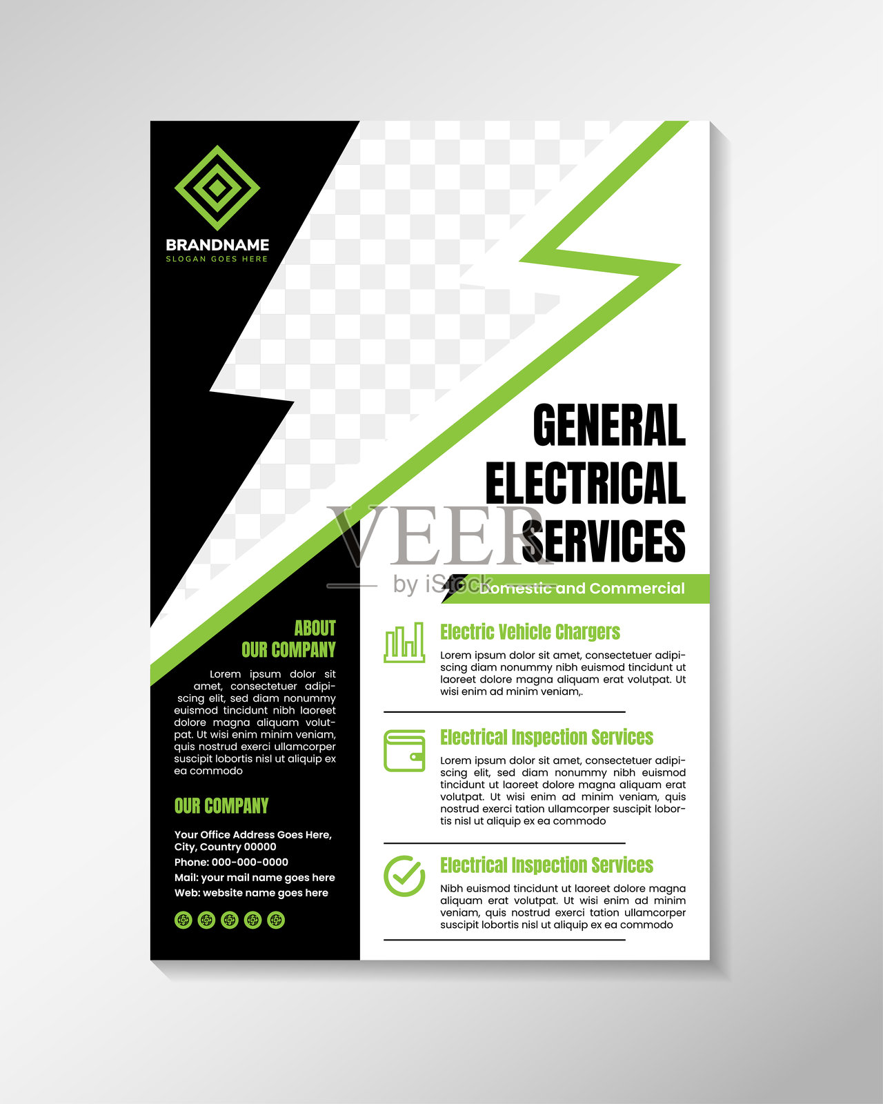 抽象设计的传单横幅模板,标题为“综合电气服务”。垂直布局,白色背景上留有照片拼贴的空间。插画图片素材