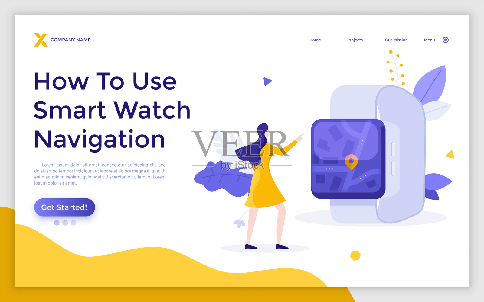 女性查看带有地图和位置标记的智能手表的着陆页。高科技电子设备与导航应用的概念。现代矢量插图用于网页横幅。插画图片素材