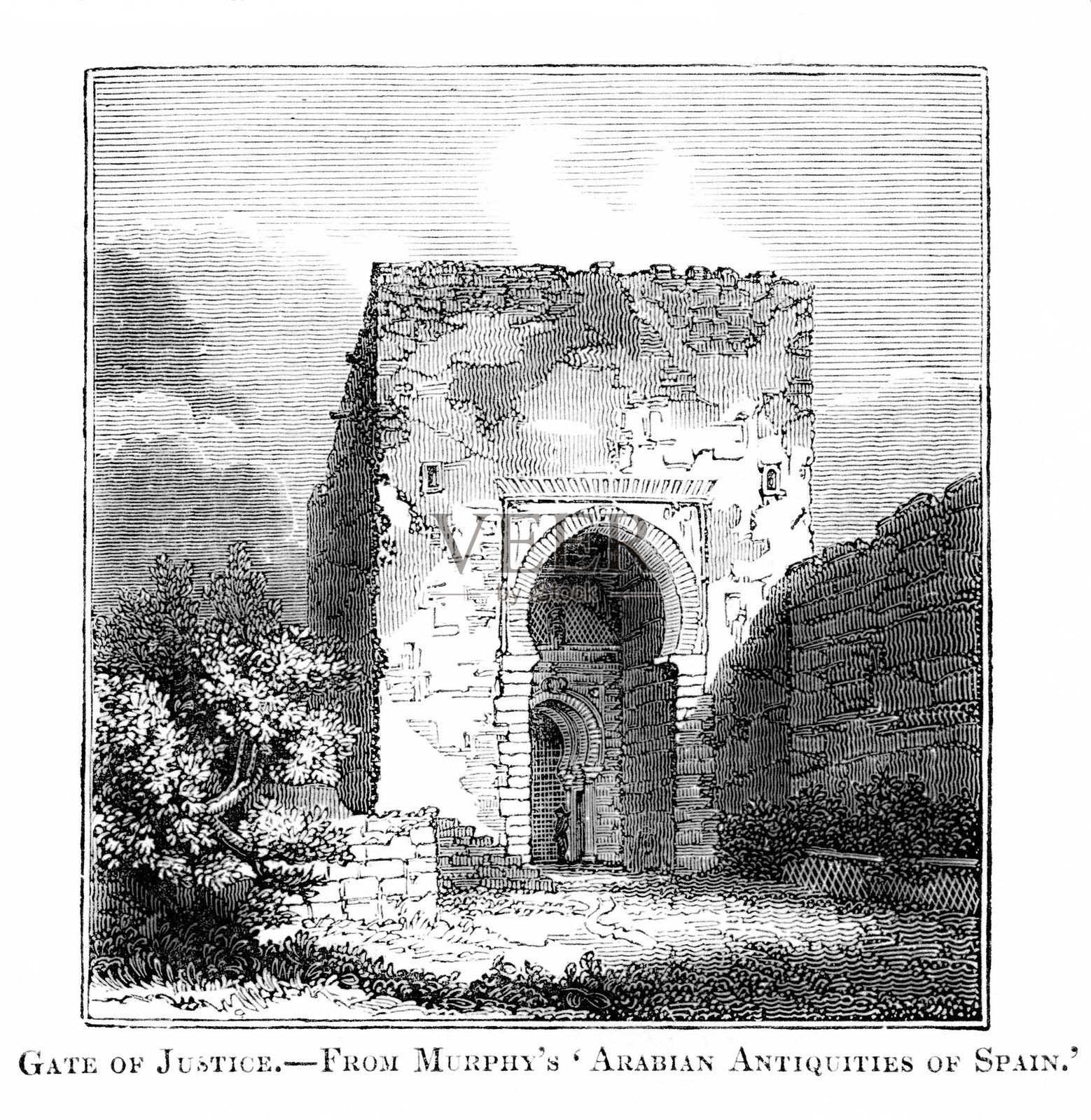 西班牙格拉纳达阿尔罕布拉宫的正义之门,14世纪世界历史插画图片素材