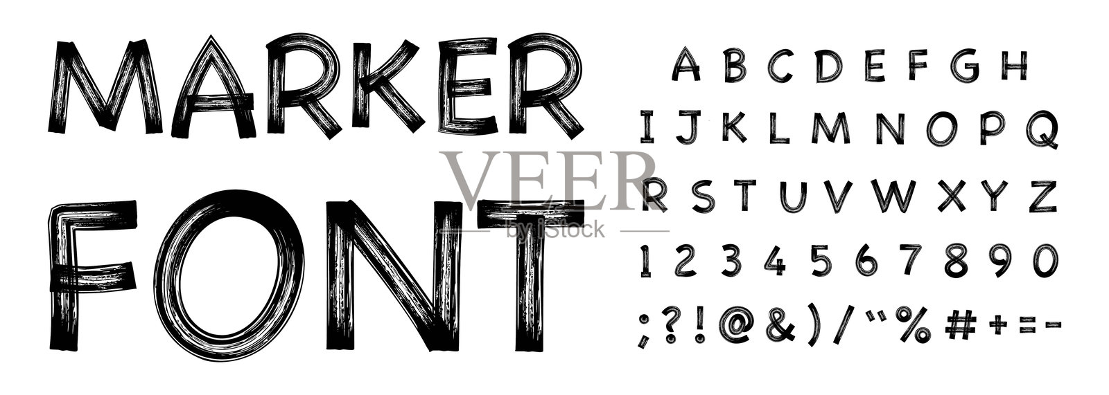 干擦笔字母手写字体。马克笔书法绘制的排版高亮字母、数字和符号插画图片素材