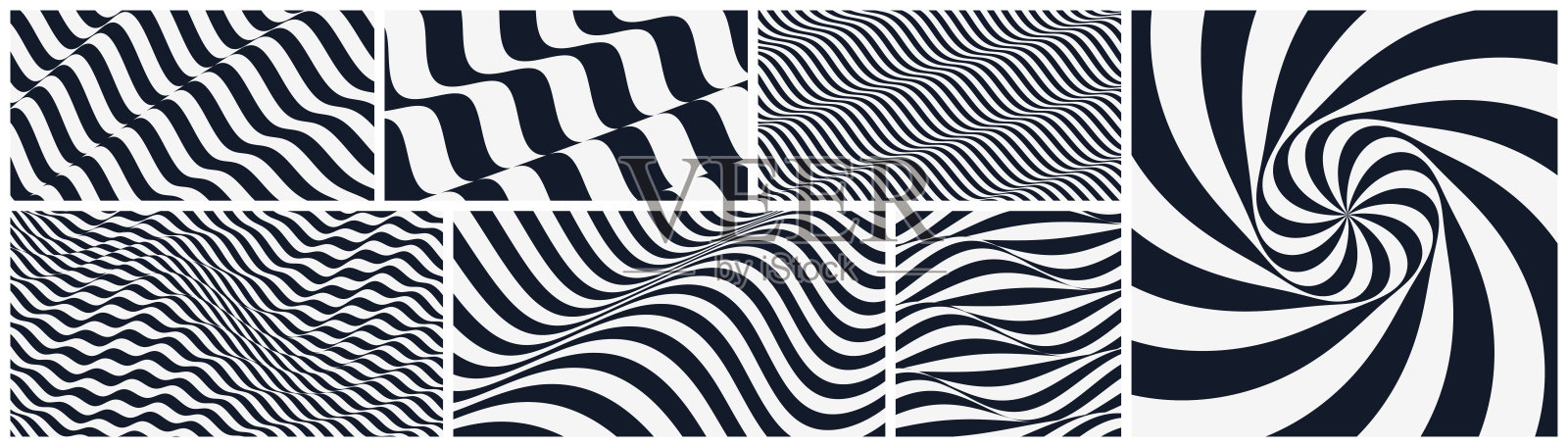 波浪形图案与视觉错觉。黑白设计。抽象条纹背景。3D矢量插图。插画图片素材