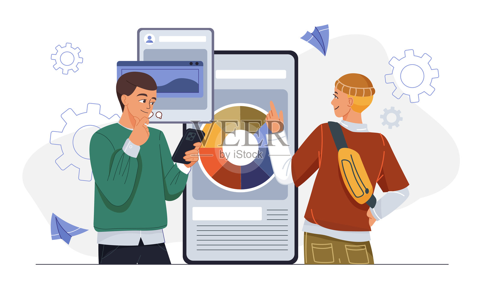 团队正在开发移动应用程序。两名男性在智能手机旁边,手中拿着调色板。程序员和图形设计师正在开发界面。编码和编程。扁平化矢量插图。插画图片素材