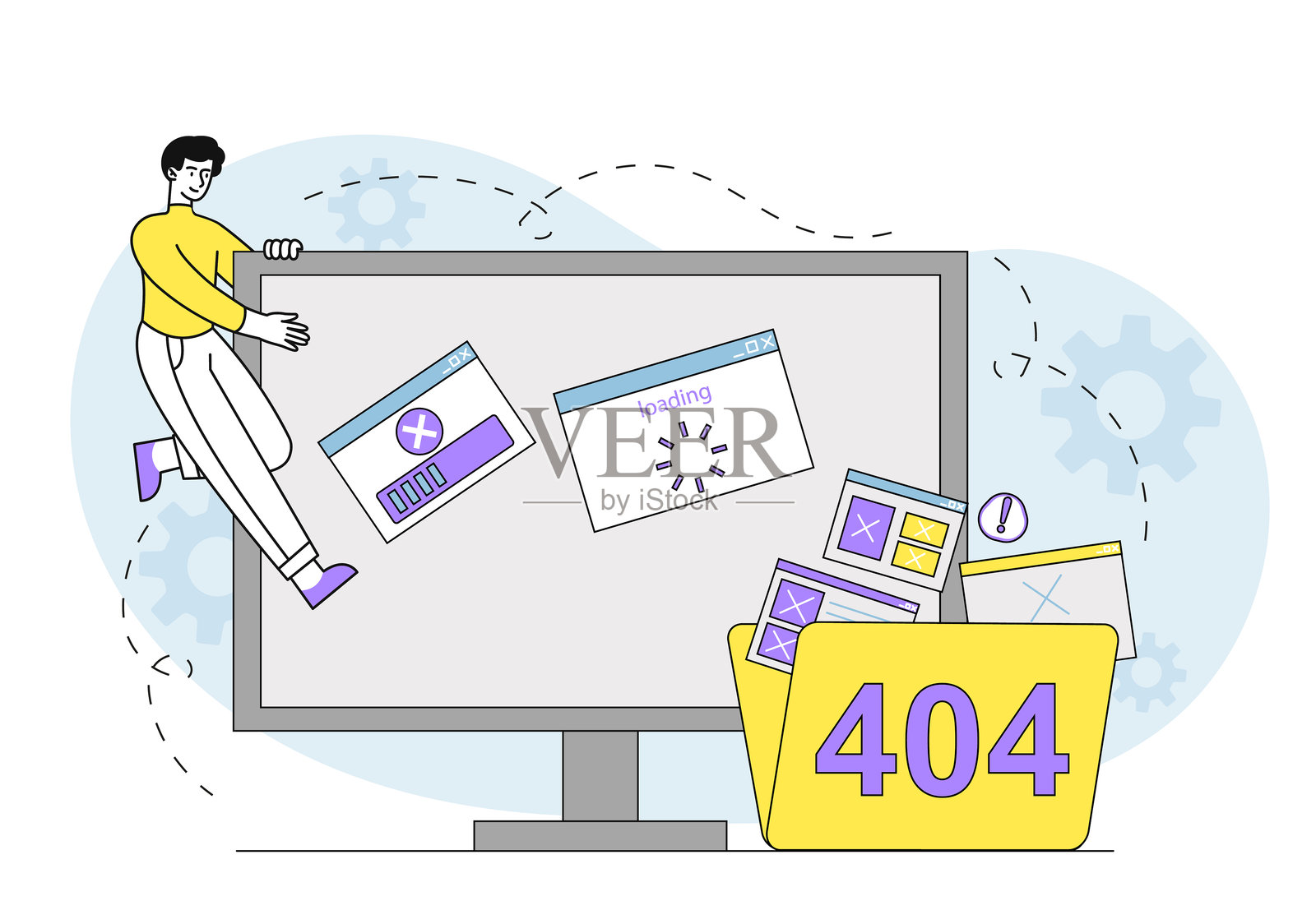 出现404错误的男子。年轻人靠近电脑显示器和文件夹。哎呀,出了点问题。网站不可用。链接或页面地址不正确。线性矢量插图。插画图片素材