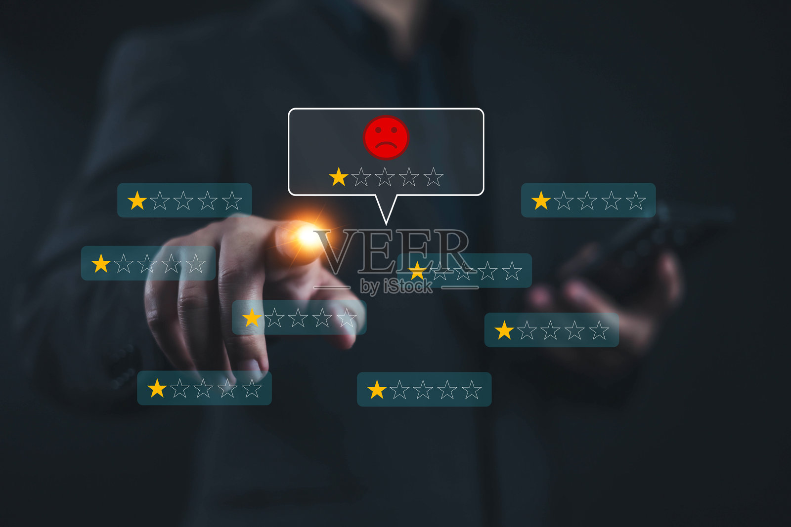 客户体验不满意的概念。用户通过智能手机给出1星评价的不满客户,一名男子指着1星图标,负面反馈,服务差,客户情绪悲伤。照片摄影图片