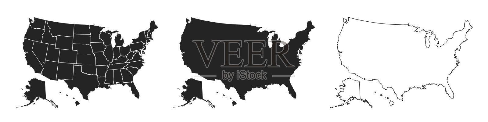 美国地图。带有和不带州划分的美国地图,轮廓地图插画图片素材
