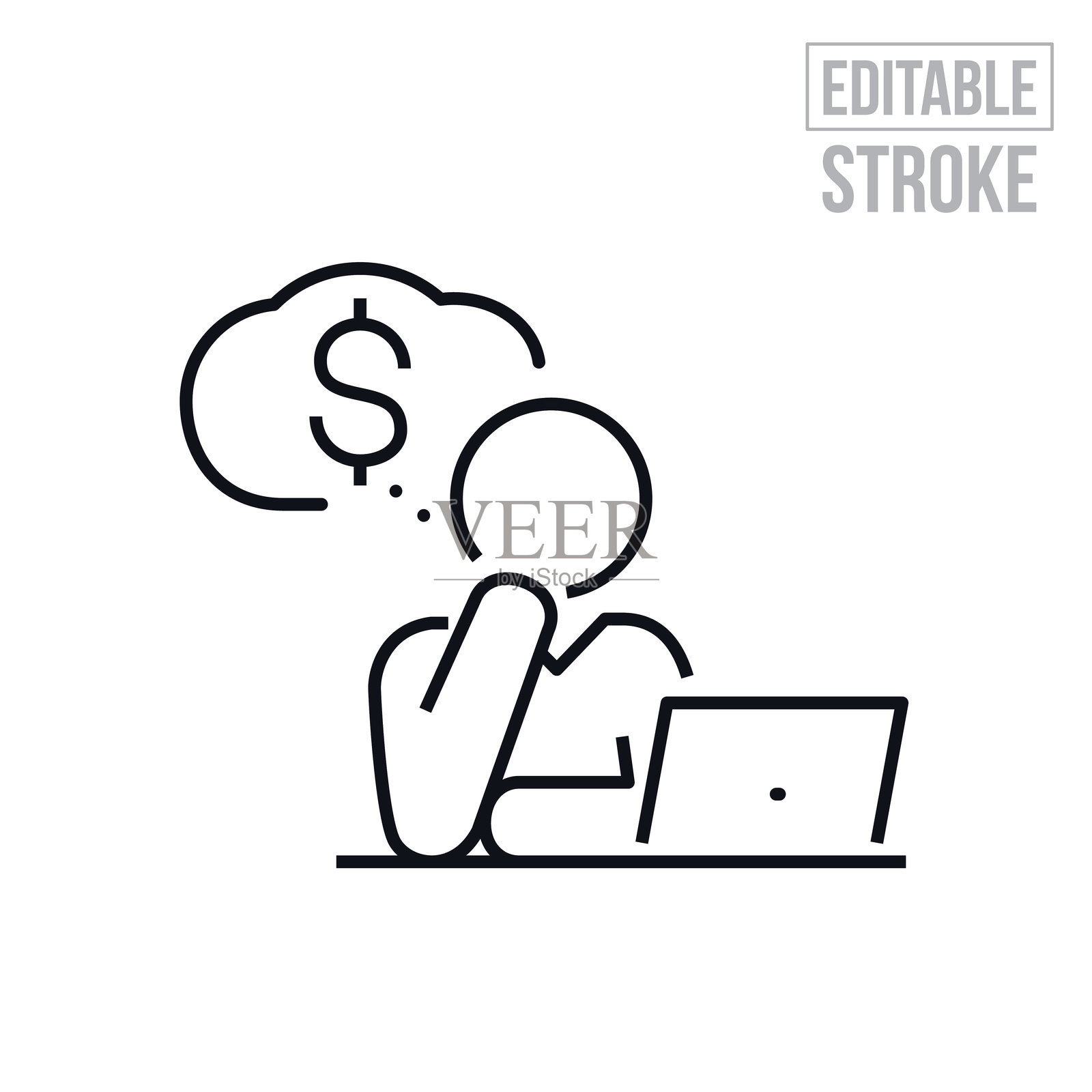 正在笔记本电脑上做白日梦的商务人士,想象着加薪,细线图标 - 可编辑的线条插画图片素材