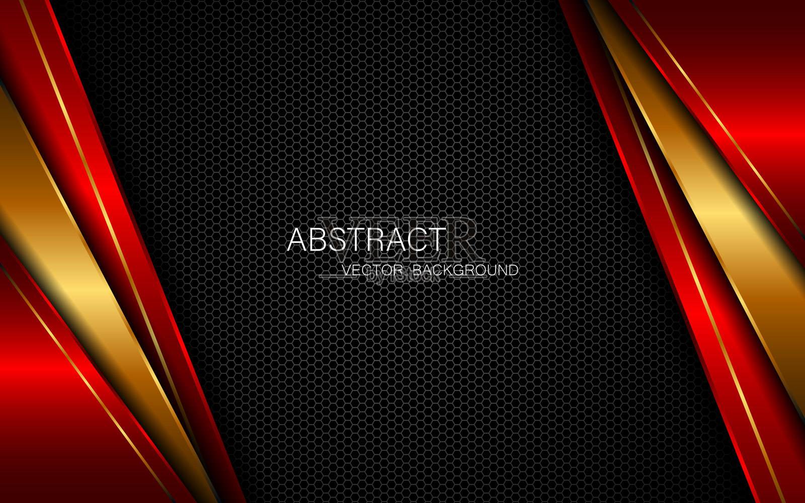 抽象的红色和金色多边形,带有金色线条,背景为深色钢网,留有空白空间供设计使用插画图片素材