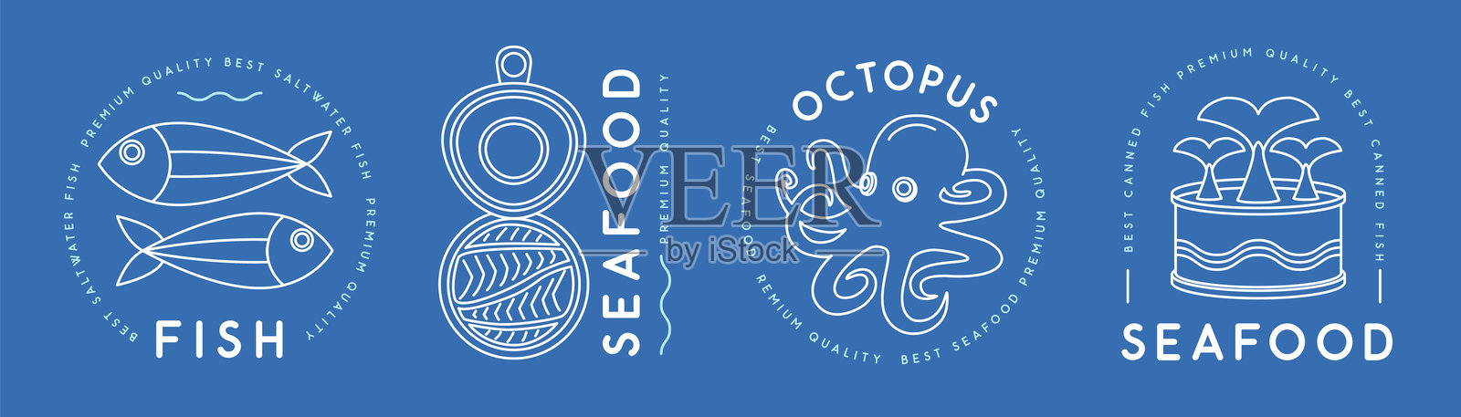 现代线条艺术海鲜标志、标签或徽章设计,包括鱼、罐装红鱼和章鱼。矢量插图插画图片素材