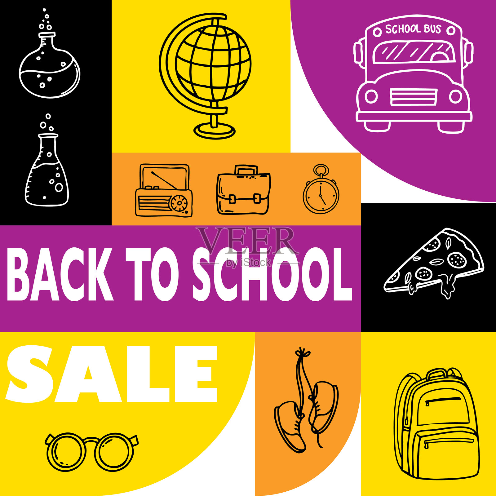 几何马赛克背景上的返校横幅,配有线条图标插画图片素材