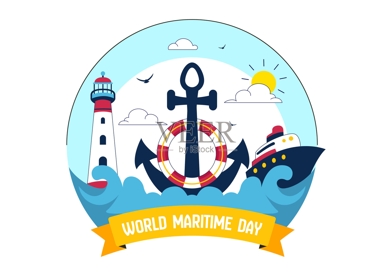 世界海洋日矢量插图,展示海洋和船只,强调航运安全、保障和海洋环境,背景为航海风格的平面设计。插画图片素材