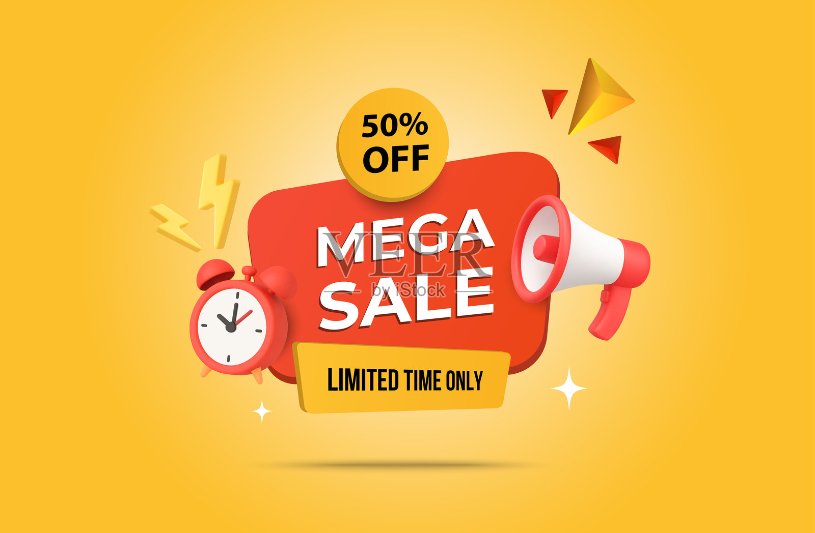 3D限量特卖标签或徽章,带有扩音器和闹钟,背景为黄色。3D矢量特卖横幅模板。插画图片素材