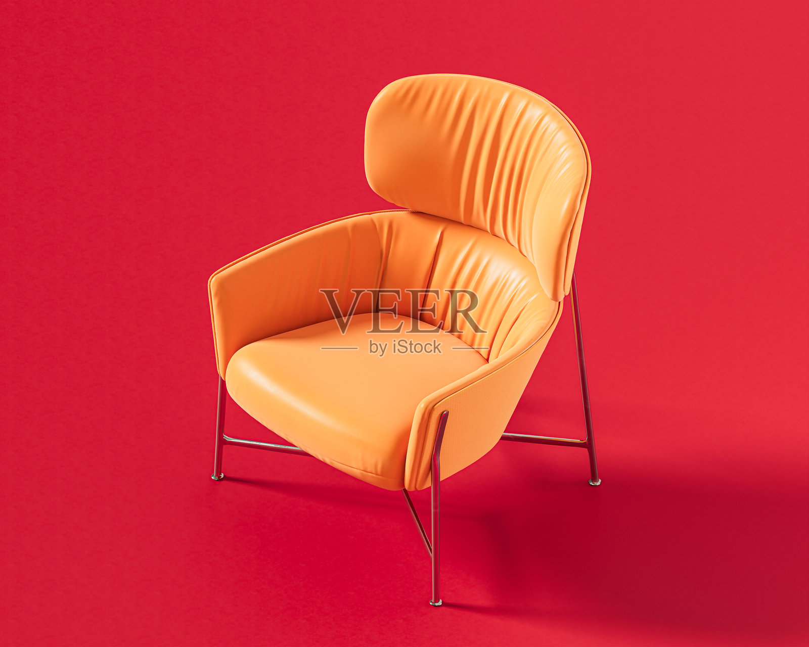 现代橙色单人沙发,配有高耸的波纹靠背和纤细的金属腿,背景为红色,3D渲染图照片摄影图片