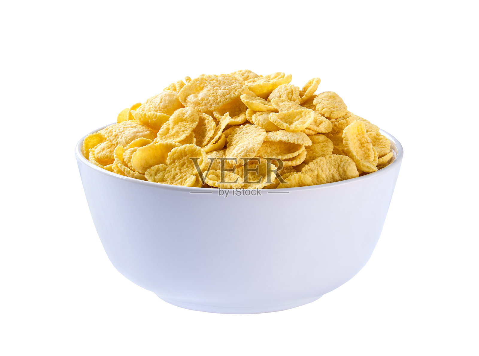 白色背景下的陶瓷碗中的玉米片。照片摄影图片