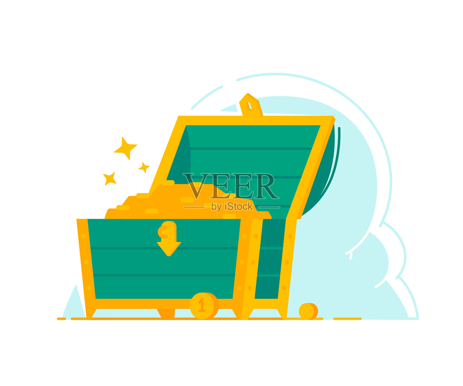 绿色宝箱与金币的插图。矢量图。财富和丰盈的象征。设计项目的背景。插画图片素材