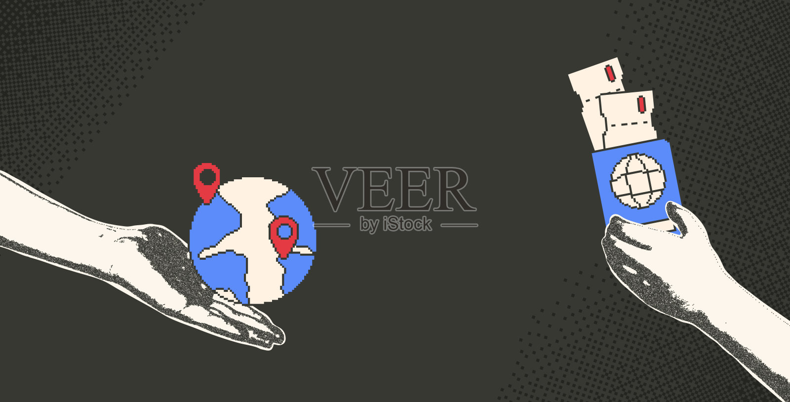 旅行拼贴画,包含复印手和像素艺术旅游元素。人手掌握护照,手中有飞机票和带有位置地图图钉的地球。矢量旅行插图。插画图片素材