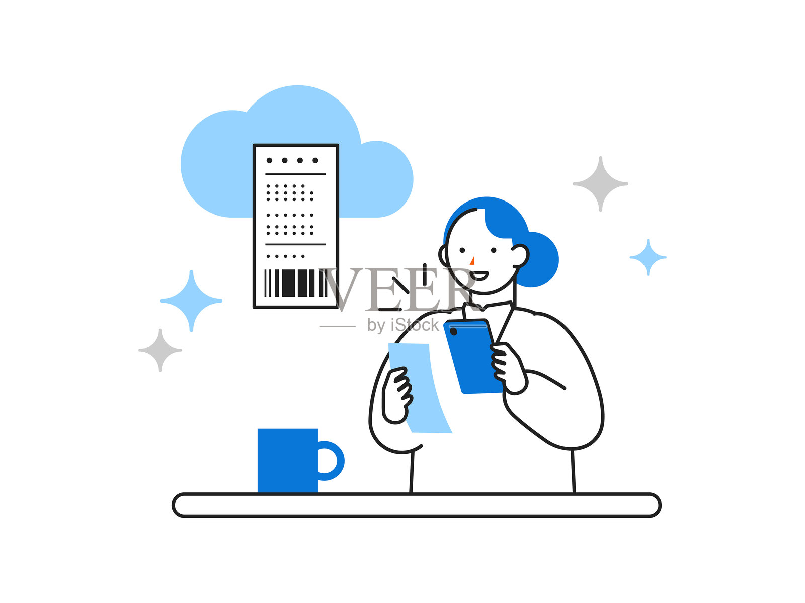 概念:办公室工作生活。卡通人物的头像,展示在办公室工作的人员。移动费用管理的特写插图。插画图片素材