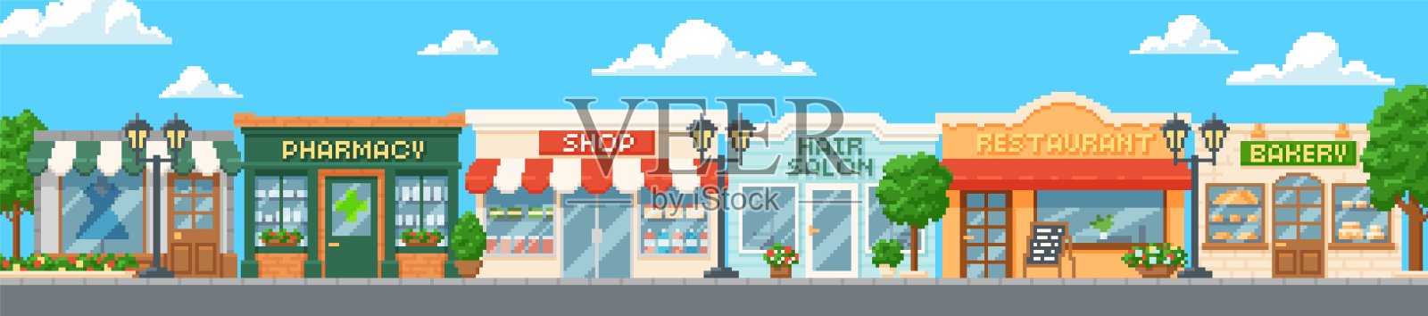 城市街道建筑矢量像素艺术,卡通8位游戏咖啡馆,理发店,商店,药店,房屋,面包店,餐厅插画图片素材