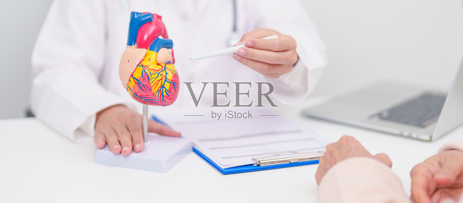 医生与心脏解剖模型。老年患者咨询心血管疾病、动脉粥样硬化、高血压、心脏病发作、心力衰竭及世界心脏日概念。照片摄影图片