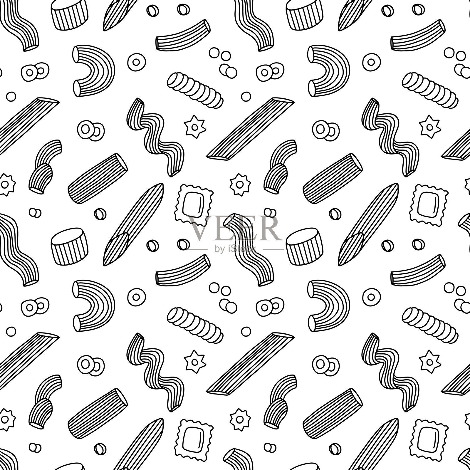 意大利面手绘无缝图案。美味的各种意大利面矢量图案插画图片素材