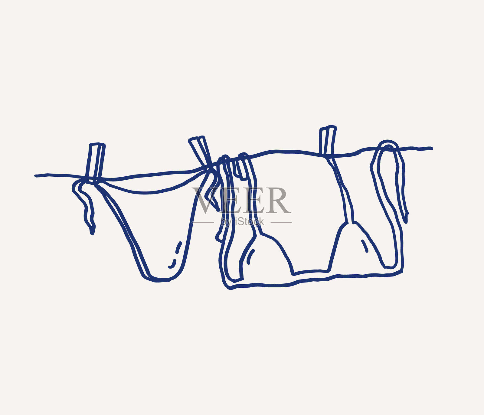 两件泳装,比基尼和文胸,悬挂在衣绳上,手绘风格的线条艺术。夏日氛围与放松。矢量轮廓插图。插画图片素材