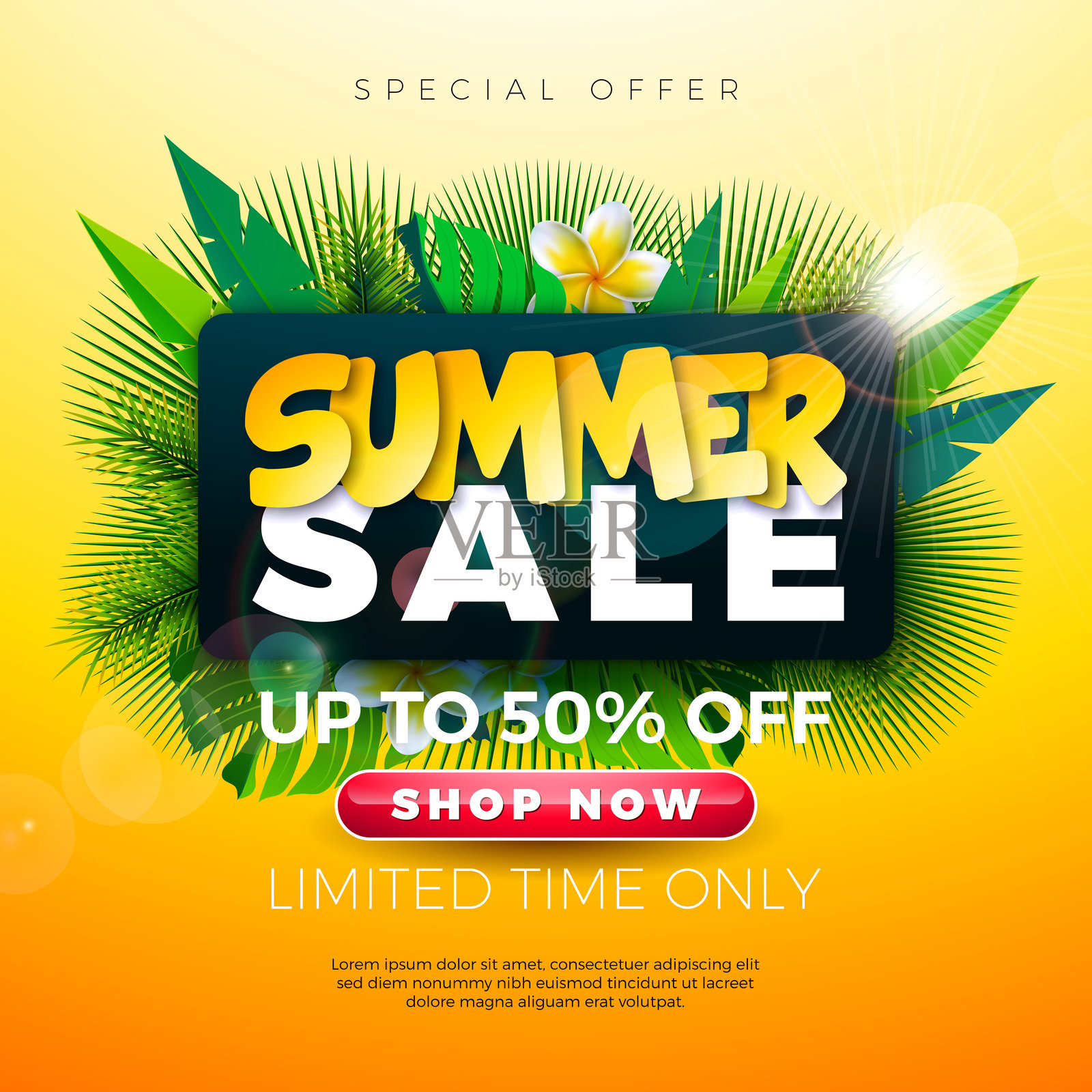 夏季促销商业横幅设计,背景为阳光黄色,配有花朵、热带棕榈叶和字母排版。适用于优惠券、代金券、传单、促销海报和邀请函的矢量度假购物插图。插画图片素材