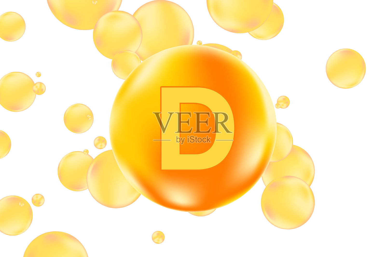 维生素D发光的3D分子元素或气泡,孤立在透明背景上。丰富的流动橙色和黄色气泡,补充皮肤产品的横幅、展示和信息图设计。插画图片素材