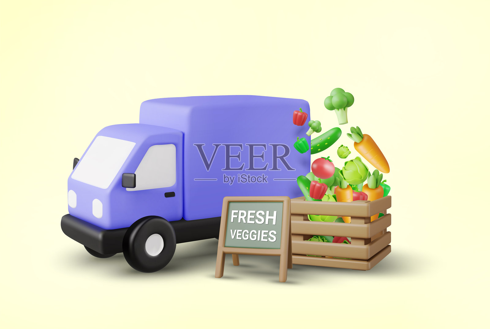 3D插图矢量渲染的送货卡车,装满各种新鲜蔬菜的木箱,上面有“新鲜蔬菜”标志。运输新鲜蔬菜从农场到市场或家庭的概念。插画图片素材