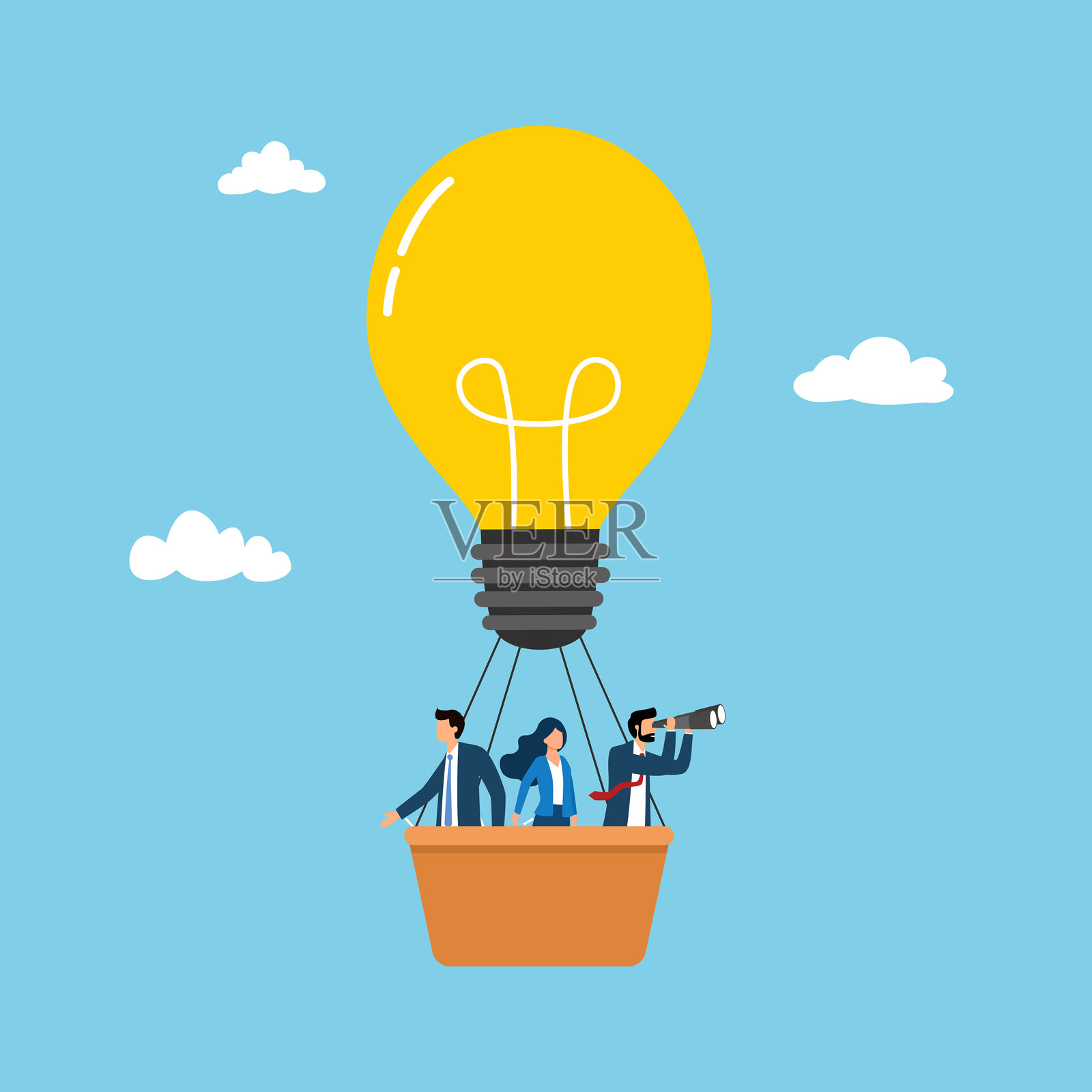 一群商人在热气球上飞行,透过望远镜规划未来。插画图片素材