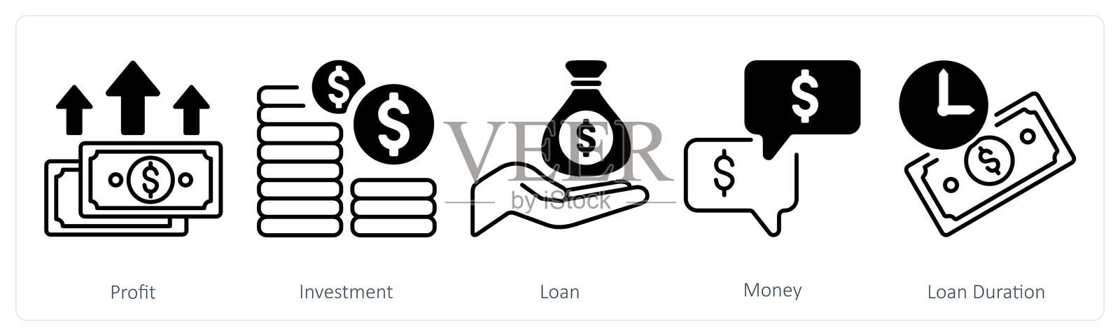 一组包含利润、投资和贷款的5个混合图标插画图片素材