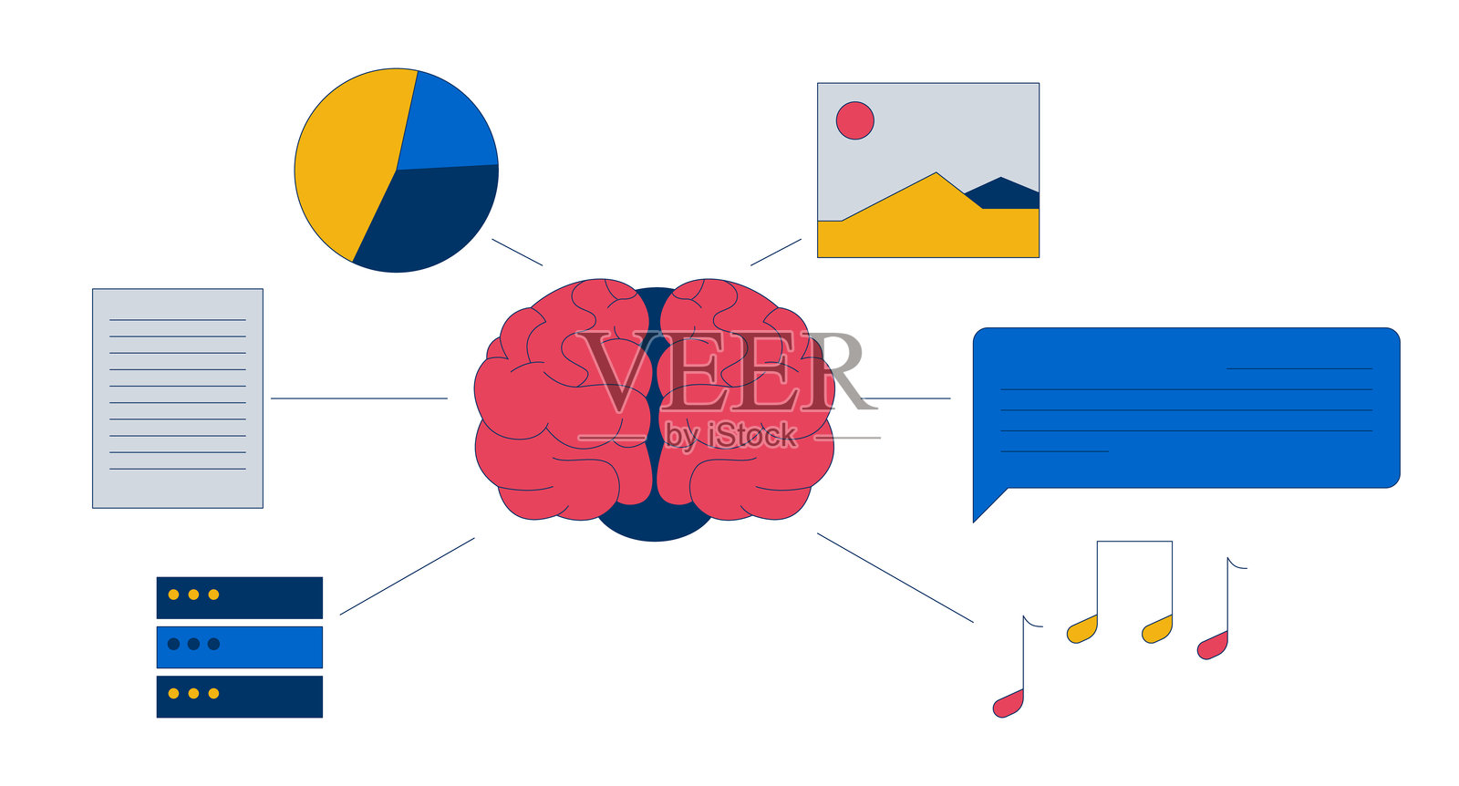 带有数据输入源的脑部2D插图概念插画图片素材