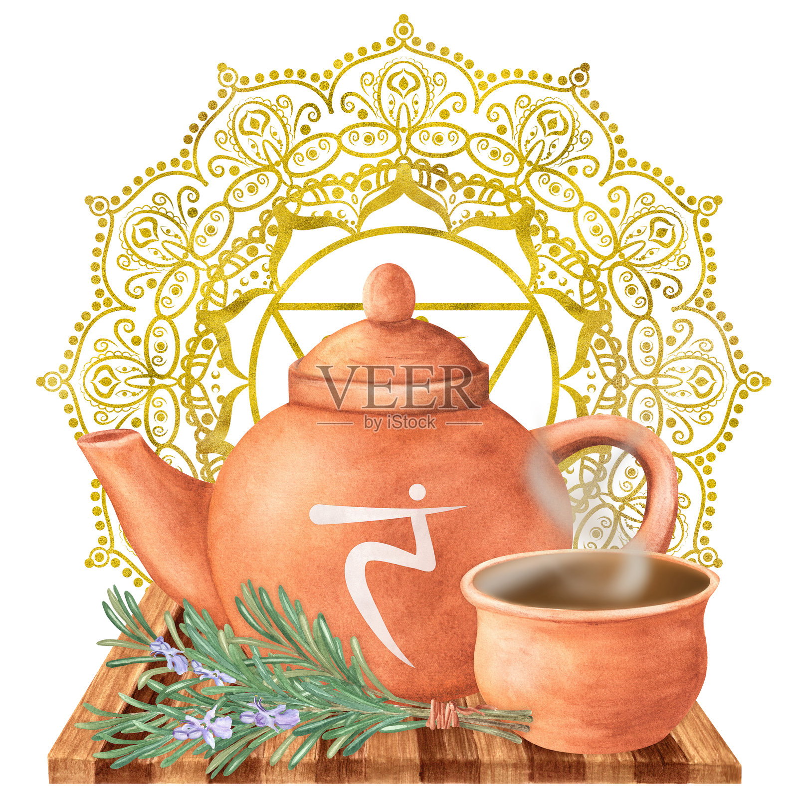水彩画作品,描绘了一个带有太阳神经丛脉轮的陶土茶壶,茶壶中盛有草药浸泡液。金黄色的曼陀罗与脉轮相结合。阿育吠陀,瑜伽插图。手绘插图。插画图片素材