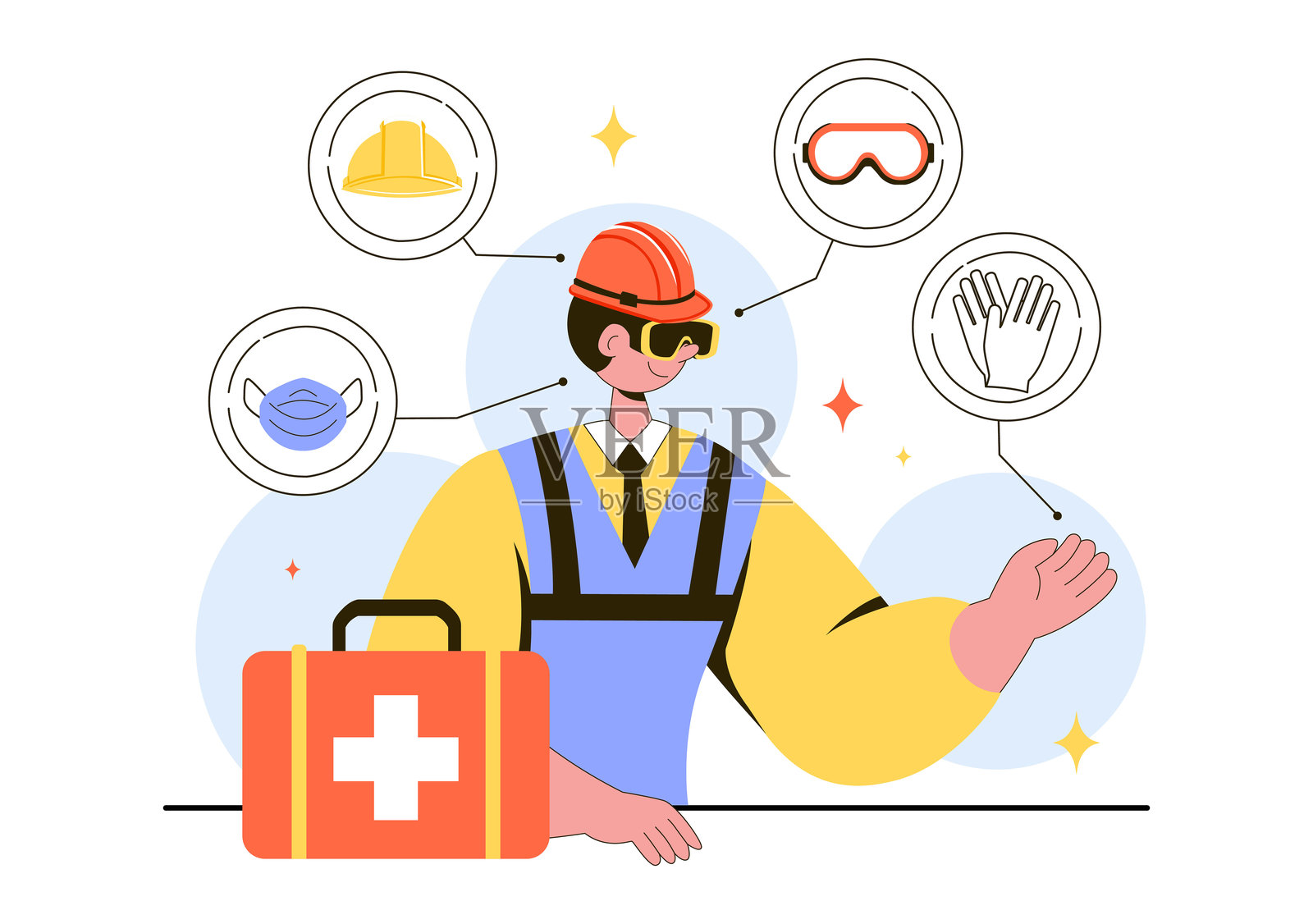 个人防护矢量插图,展示安全设备、建筑工人和建筑工具,背景为平面设计插画图片素材