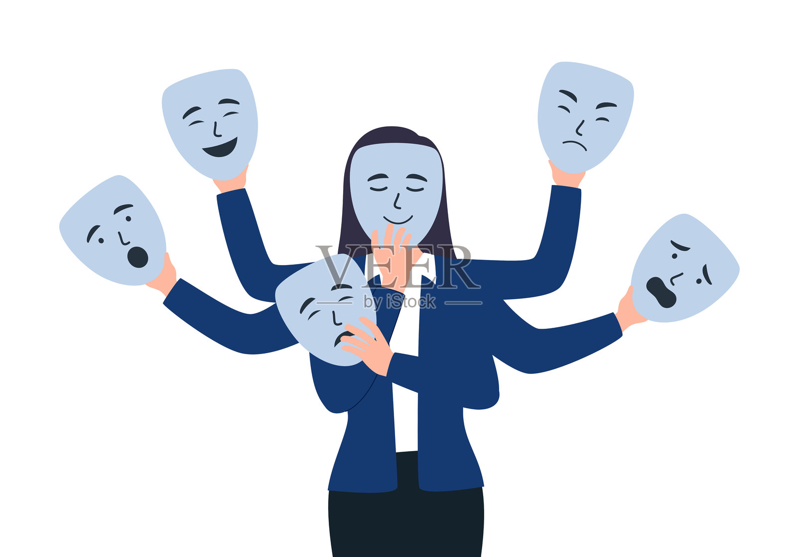 女性情绪变化概念。情绪面具。插画图片素材