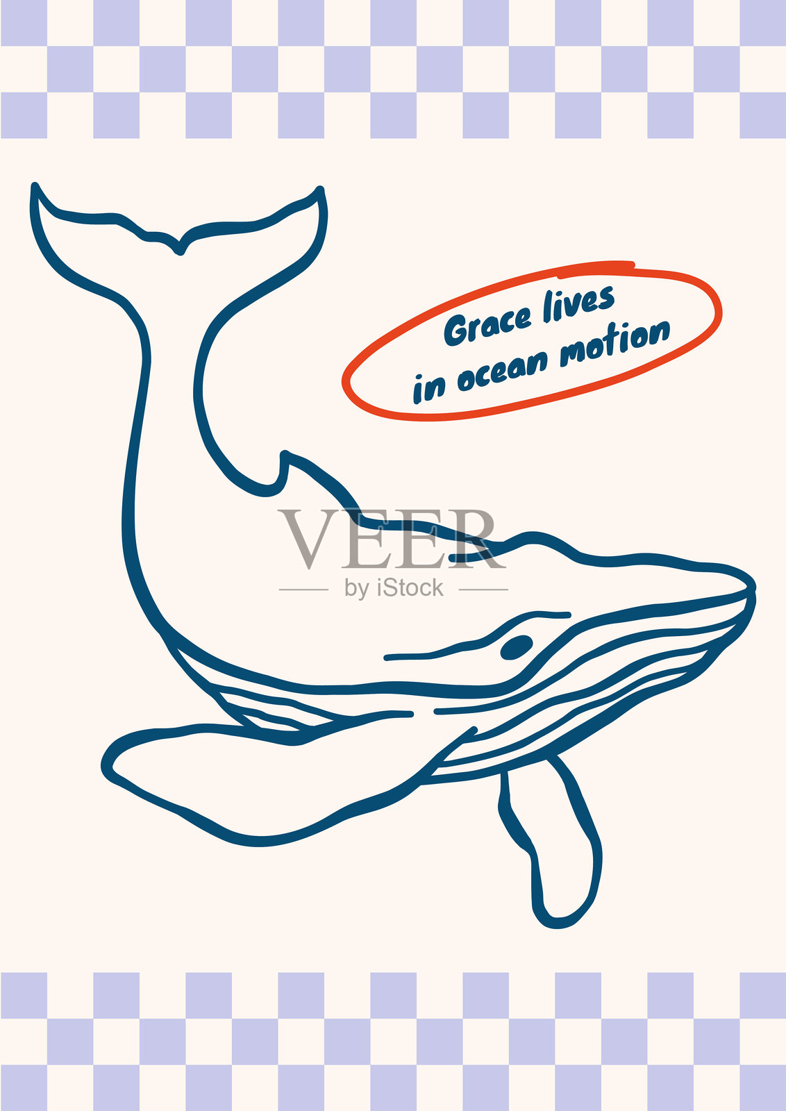 轮廓鲸鱼矢量插图。极简复古海洋海报设计,带有方格边框的海洋动物。插画图片素材