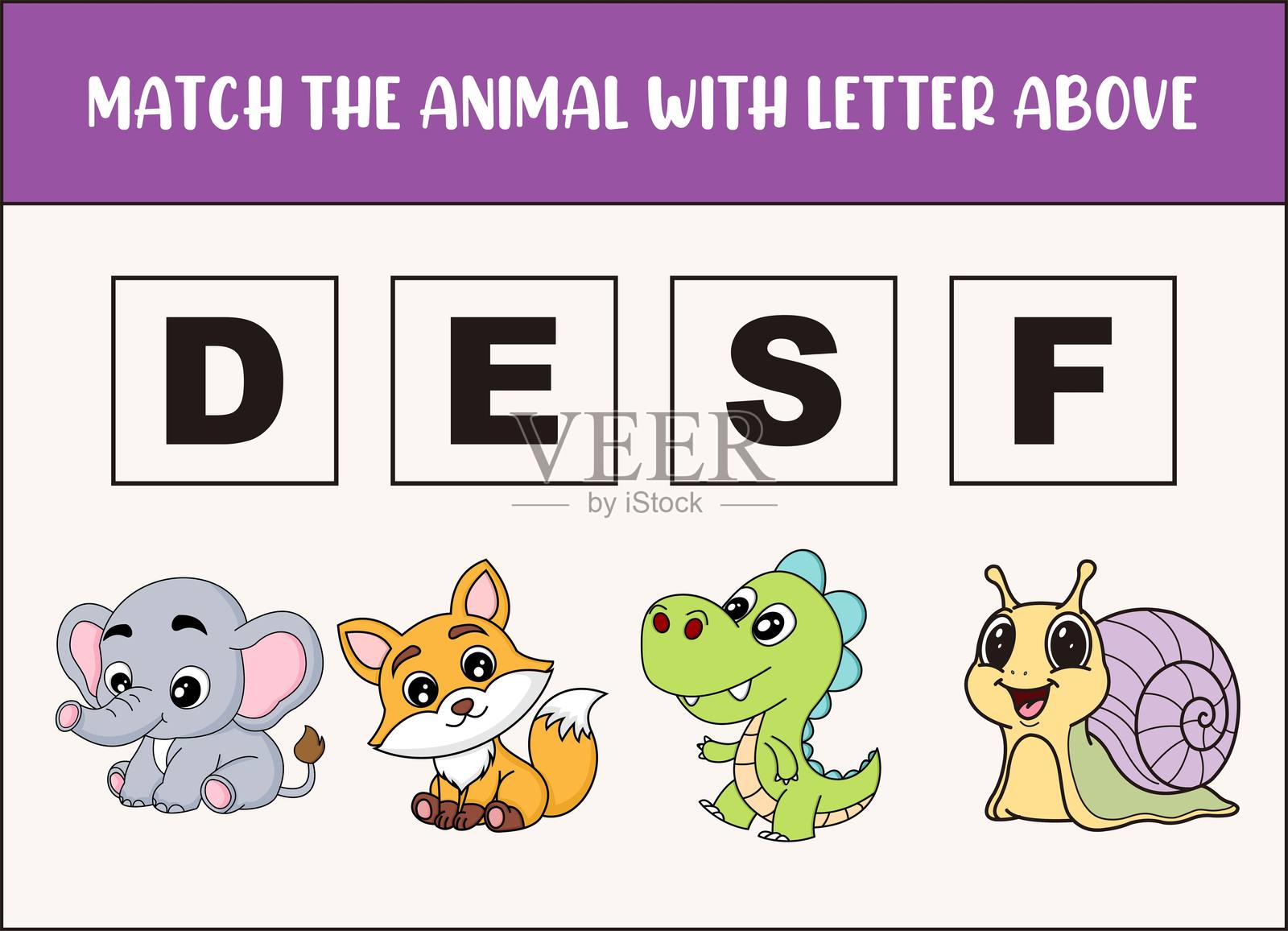 与字母匹配的可爱大象、狐狸、恐龙和蜗牛。插画图片素材