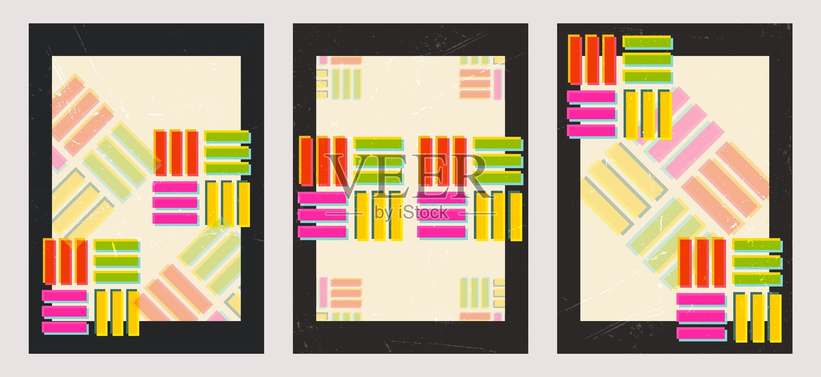 三幅垂直的抽象背景,采用复古的丝网印刷风格。鲜艳的重叠圆圈、大胆的纹理和复古色调。非常适合海报、印刷品、品牌推广和创意项目。插画图片素材