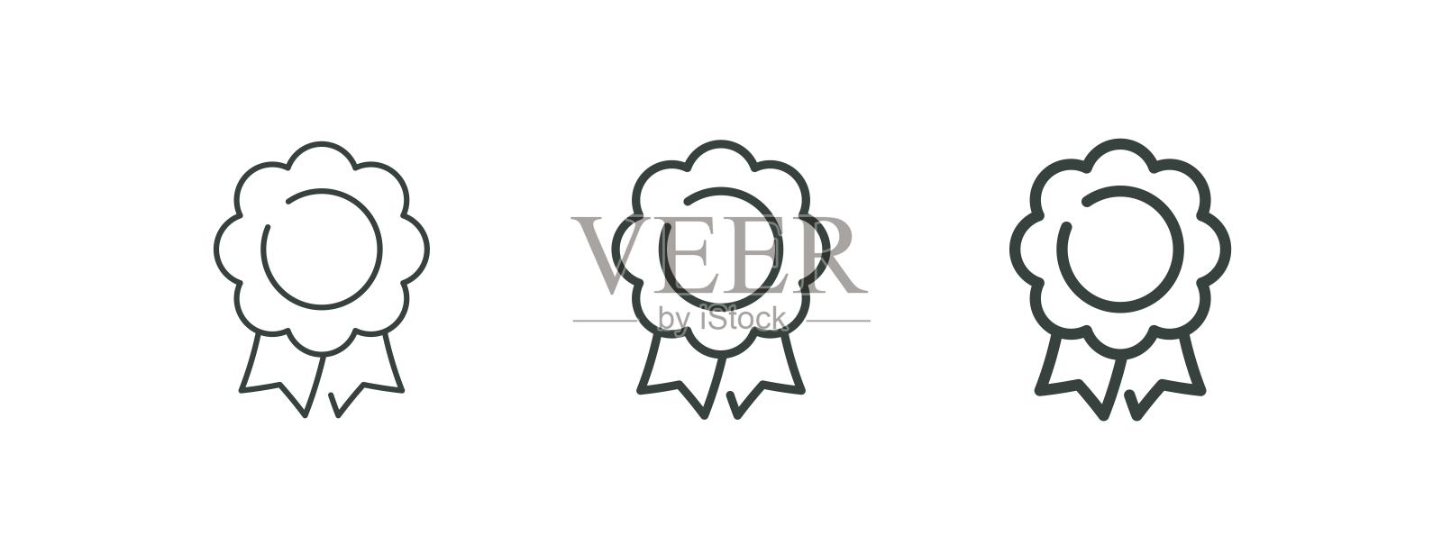 高奖励,成就奖杯,最佳奖品,轮廓图标。线条标志徽章,带丝带的奖章花饰。适用于网页和应用的矢量孤立图标,白色背景,可编辑线条。插画图片素材