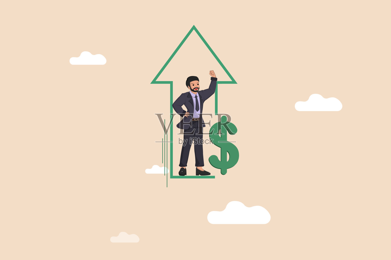 自信的商人站在向上增长的箭头上,箭头上有美元符号,象征着财务增长、投资成功和商业利润。插画图片素材