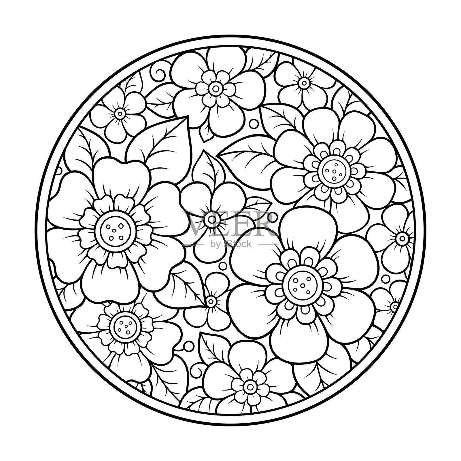 圆形花卉图案的美迪风格轮廓,适合涂色书页面。适合成人和儿童的减压活动。黑白涂鸦装饰。手绘矢量插图。插画图片素材