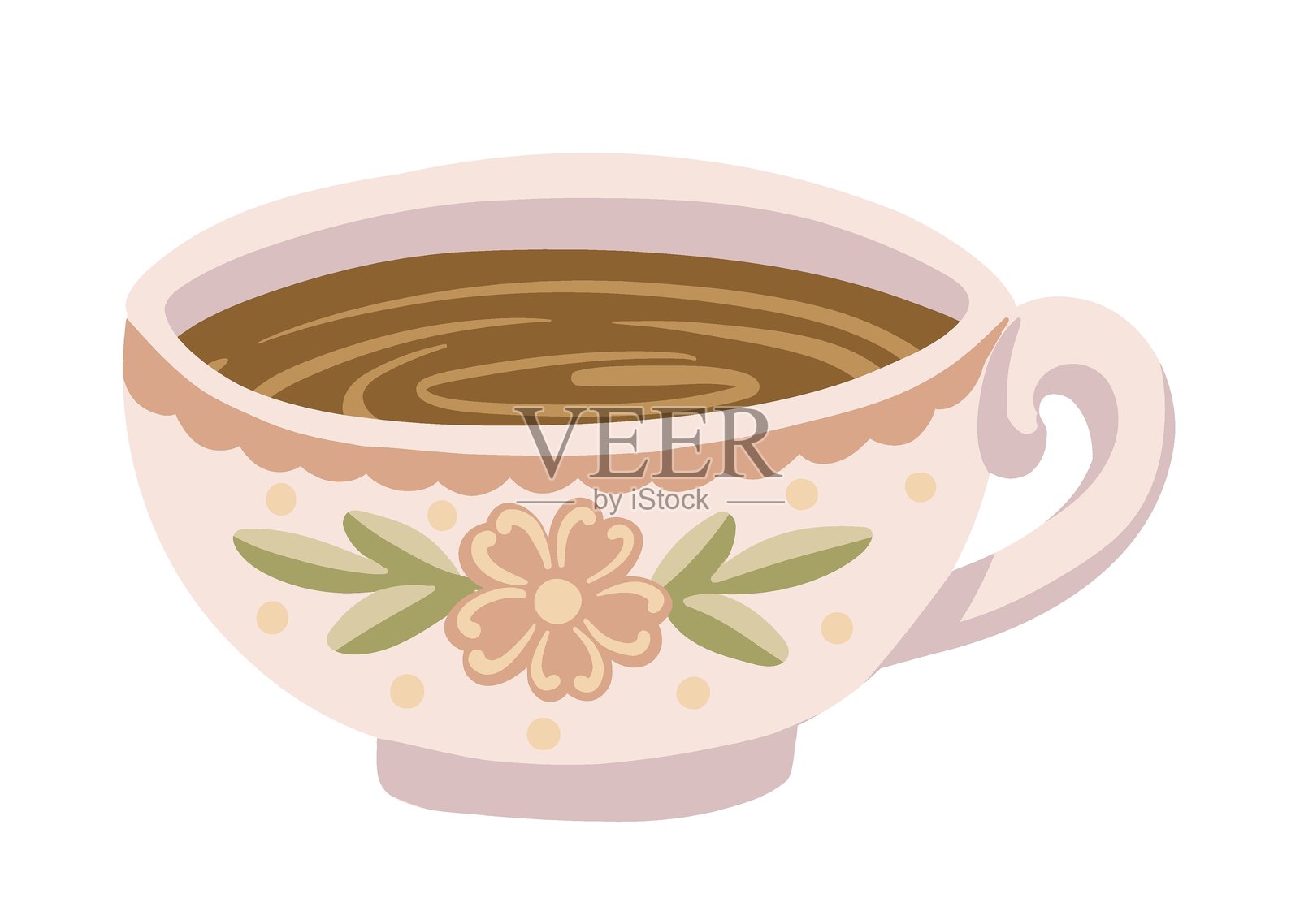 可爱的卡通风格花朵和波点图案陶瓷茶杯。手绘矢量插图,米色调。非常适合厨房卡片设计、咖啡馆品牌和家居用品主题项目。插画图片素材