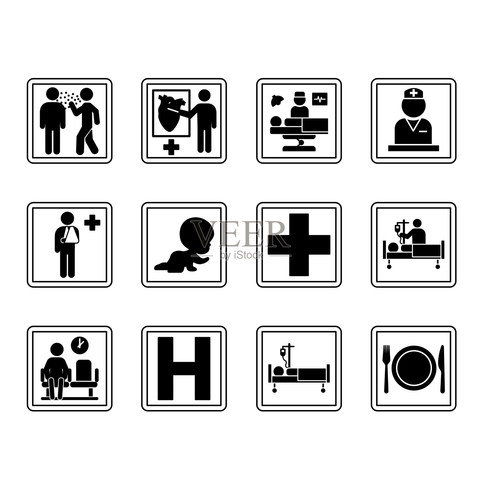 医院标志。传染病、医疗服务、护士站、候诊区、儿童护理、门诊部、手术、住院、餐厅等的矢量图标插画图片素材