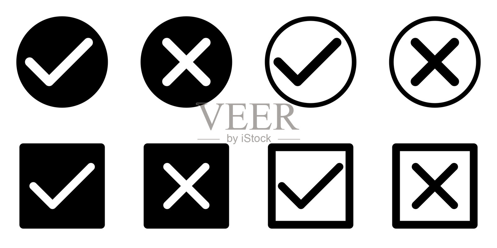 圆圈和方框中的勾号和叉号图标集,黑白矢量插图,独立于白色背景。插画图片素材