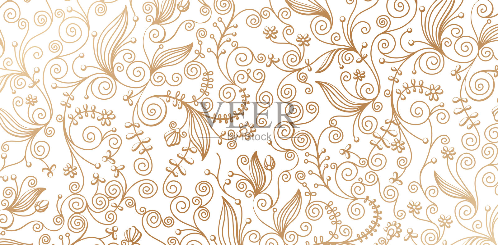 金色旋涡装饰无缝花卉图案,独立于白色背景插画图片素材