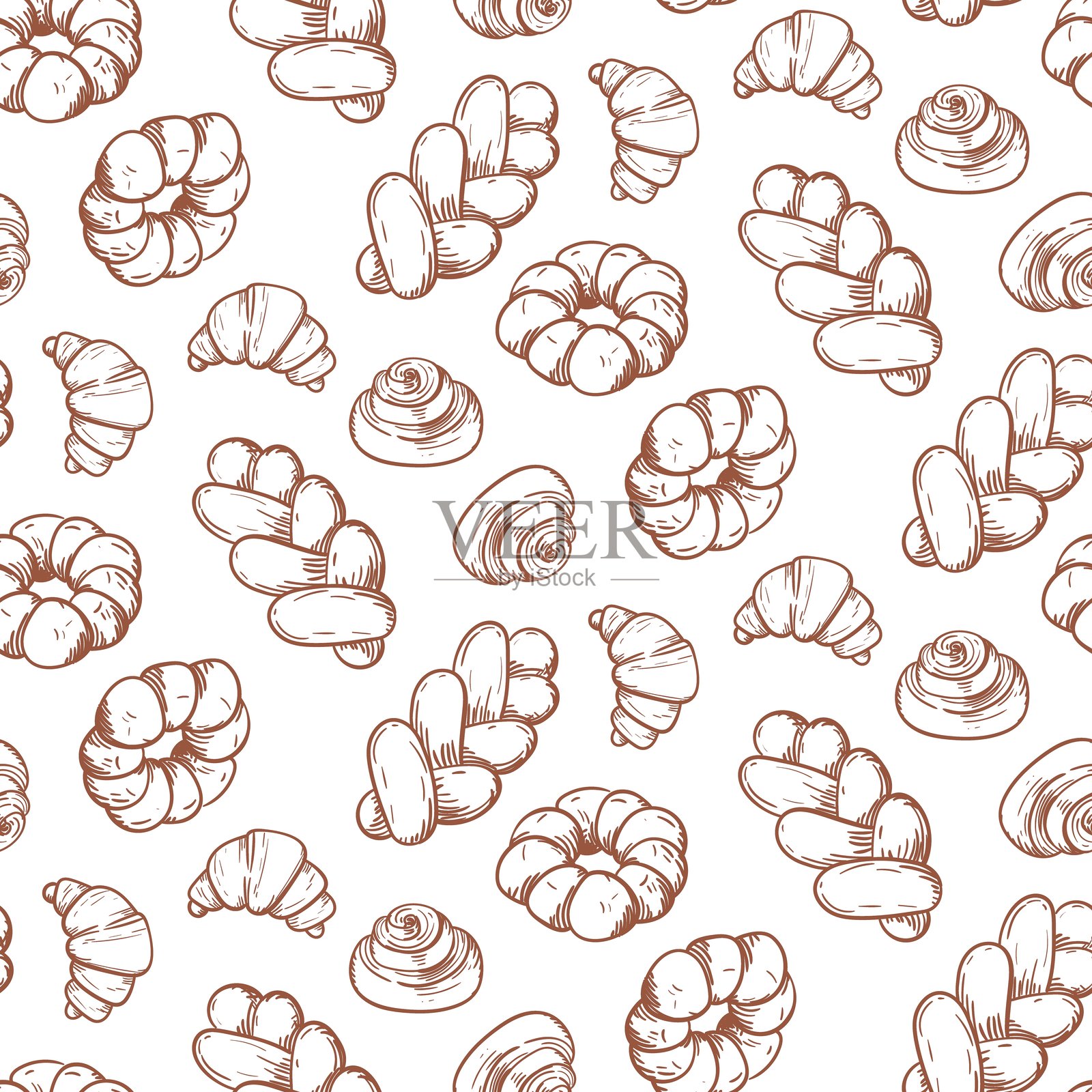 手绘风格的涂鸦插图,描绘了烘焙的图案,浅棕色。图像使用不同粗细的线条手工制作。咖啡馆和面包店的烘焙轮廓,背景为白色。各种糕点。插画图片素材