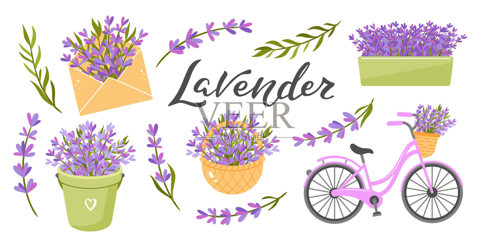 可爱的薰衣草花卉盆栽组合,带有装有薰衣草的自行车和信封,完美适用于水疗、健康或自然主题的设计。矢量插图插画图片素材