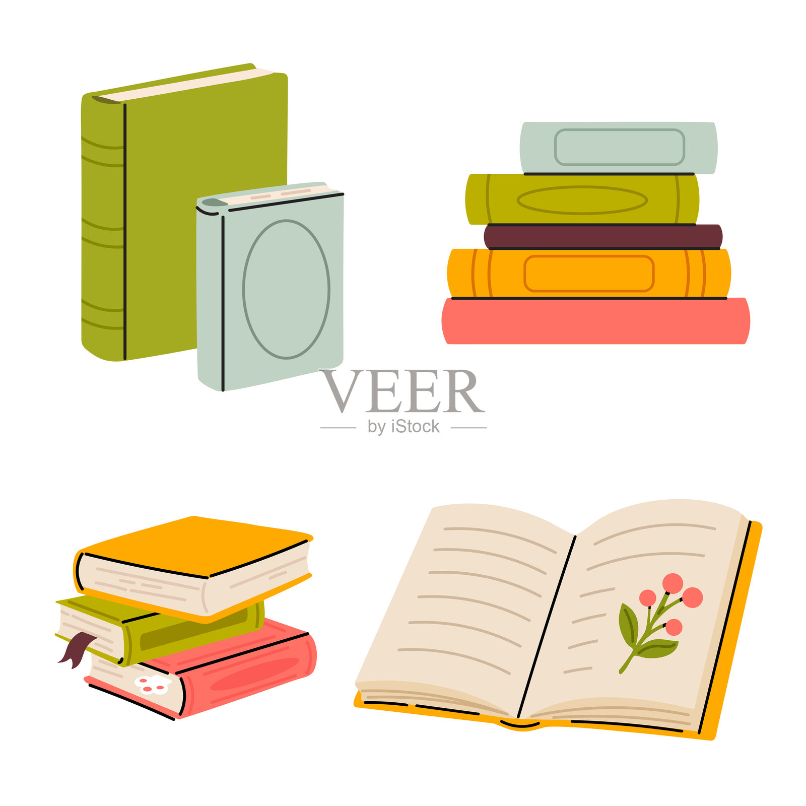 各种颜色和摆放位置的书籍,配有杯子和装饰元素插画图片素材