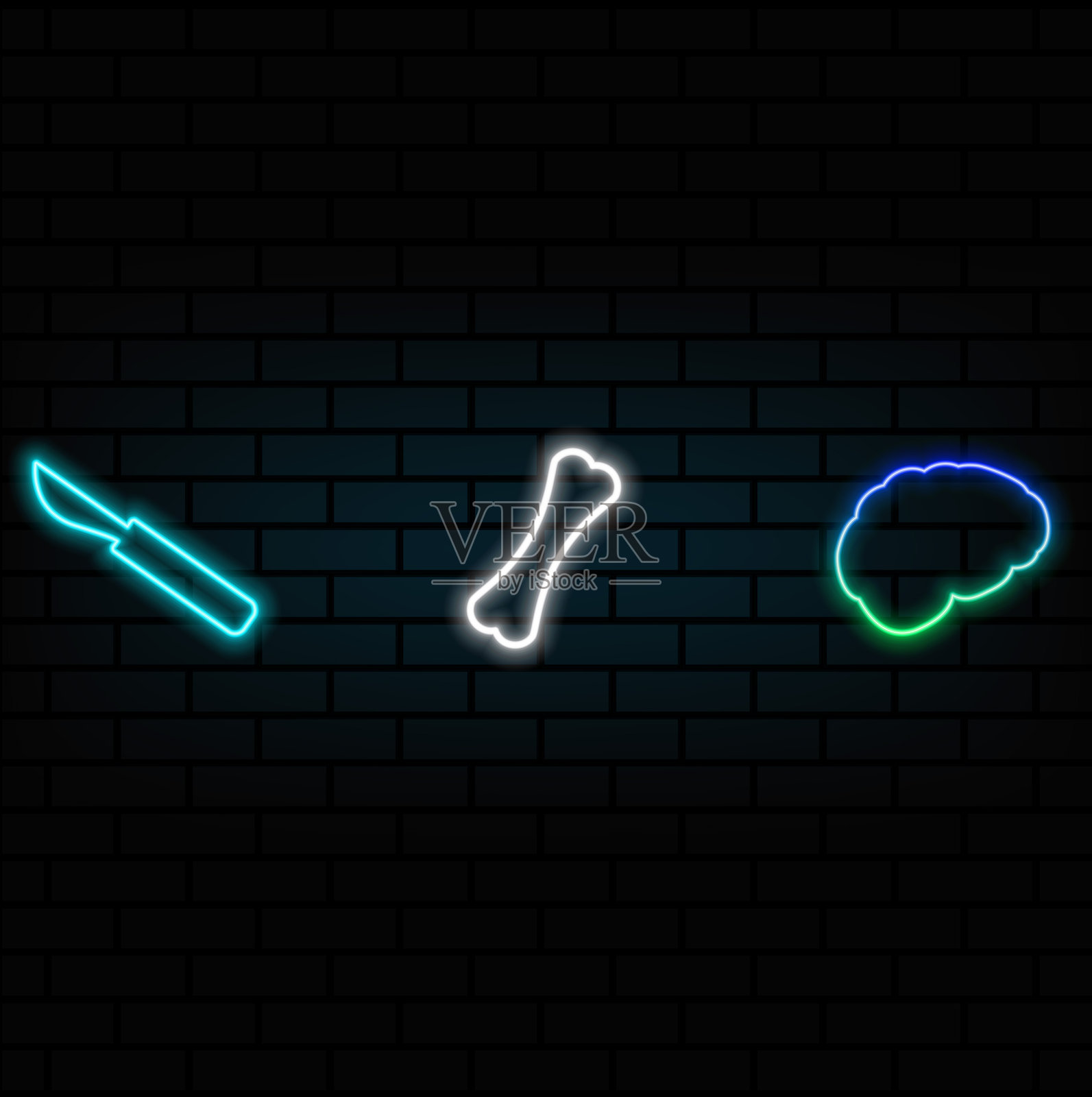 刀、骨头、大脑。霓虹图标。插画图片素材