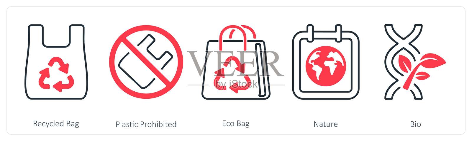 一组包含5个混合图标,如可回收袋、禁止塑料、环保袋插画图片素材