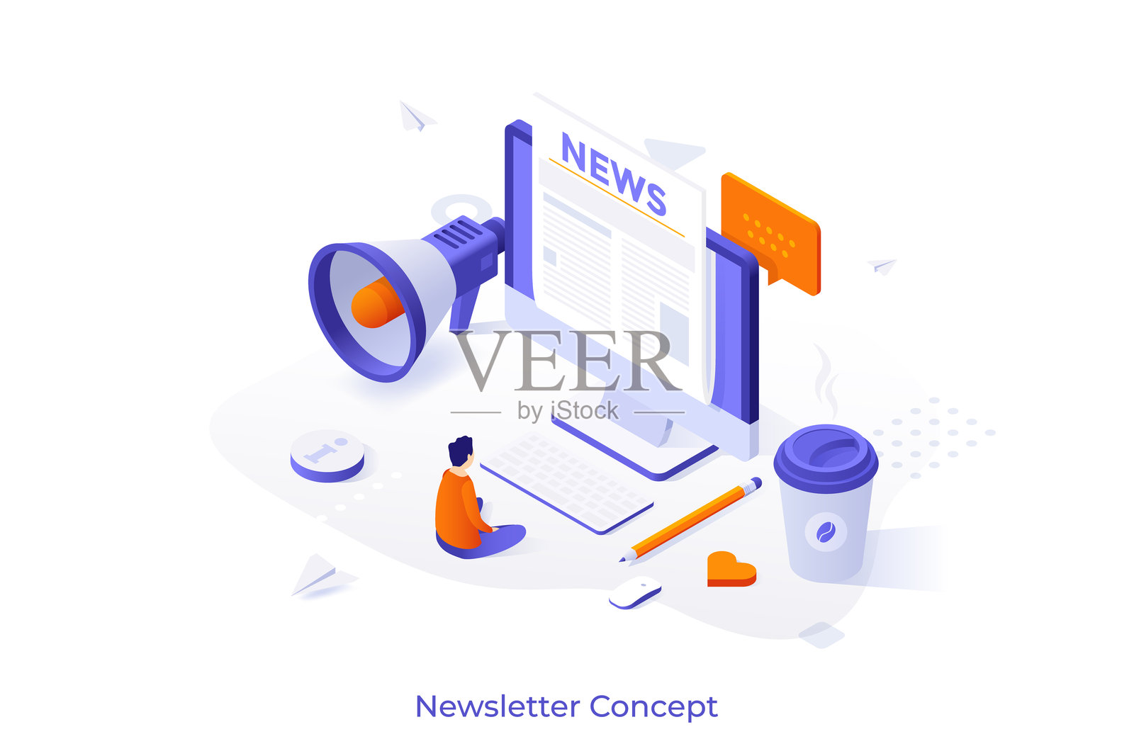 概念模板,男人坐在电脑前阅读屏幕上的新闻。适用于订阅新闻通讯、互联网报纸的场景。现代等距矢量插图,适合网页使用。插画图片素材