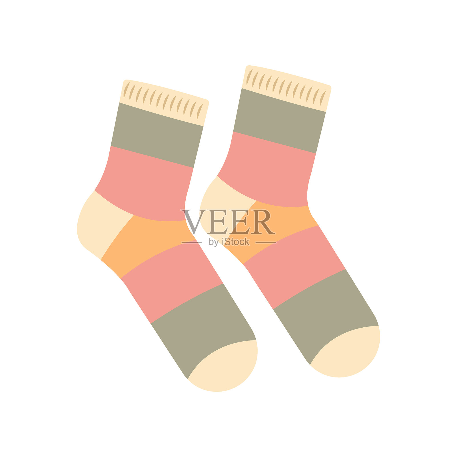 舒适的多色针织袜子矢量插图,采用扁平风格。手绘艺术,完美适用于秋季横幅、海报和社交媒体季节性设计。插画图片素材